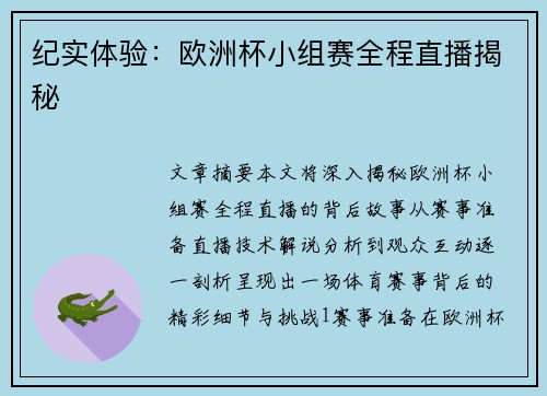纪实体验：欧洲杯小组赛全程直播揭秘