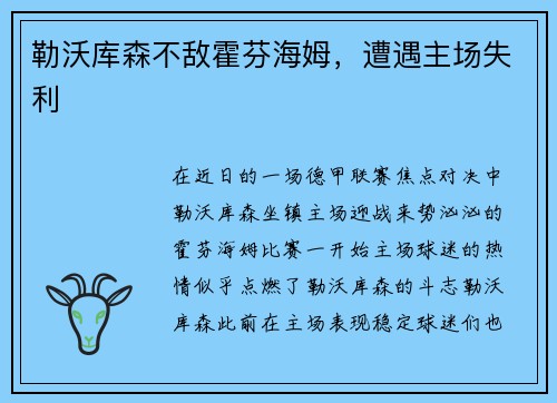 勒沃库森不敌霍芬海姆，遭遇主场失利